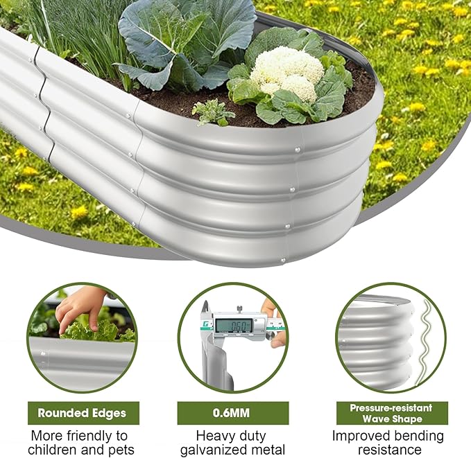 4x2x1ft Oval Galvanized Raised Garden Bed Outdoor 9-in-1 Large Metal Modular Planter Box Raised Beds for Gardening,Vegetables,Fruits,Flowers & Herbs (Silver) IDEAFAMILY