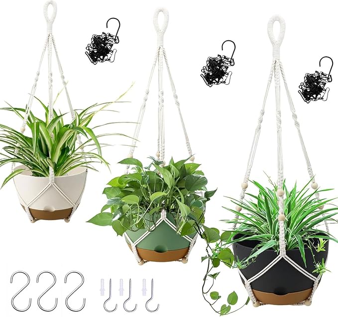 3 Pack Hanging Planters Set, 8 Inch Indoor Outdoor Hanging Plant Pot Basket,Hanging Flower Pot with Drainage Hole with 3 Hooks for Garden Home(8 inch Combination) Koalaime
