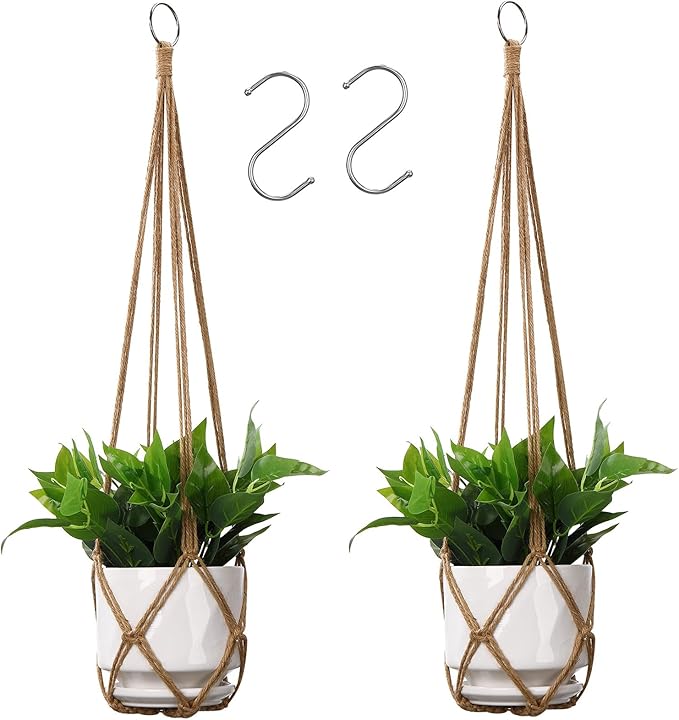 YIBOT Macrame Plant Hanger Indoor Set of 2 with 2 S Hooks, Indoor Outdoor Hanging Planter for Plants Holder with Decorative No Tassels, Boho Home Decor, 35 Inch, Brown (Pots Not Included) YIBOT
