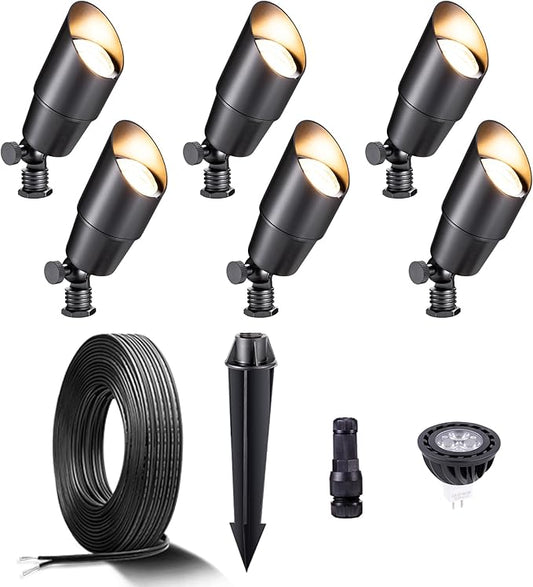 Gardenreet Black Brass Low Voltage Landscape Spotlights(6-Pack) Kit 12V LED with 100 Feet Wire and 30Pack Connectors for Outdoor Yard Garden Patio Without Transformer Gardenreet