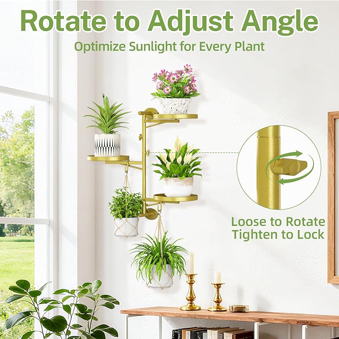iDavosic.ly Rotating Window Plant Shelves, 3-Tier Metal Wall Stand with 2 Hooks, Flower Display Holder Rack for Living Room, Space Saving, Gold (Pots/Chains/Plants Not Included) iDavosicly