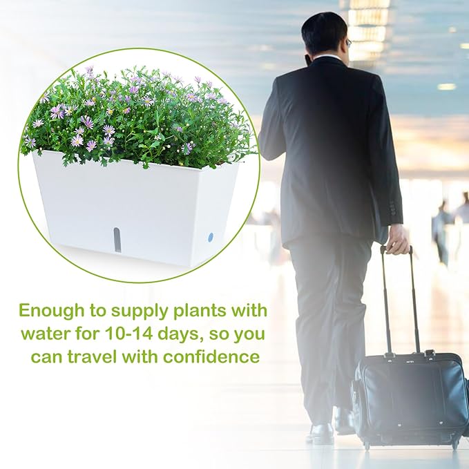Window Box Planter 6 Pcs, 12.1 Inches Self Watering Plant Pots Rectangle Flower Pots with Drainage Holes and Breathable Trays, Vegetable Planters for Windowsill Patio Garden Balcony Porch Yard (White) Oliz