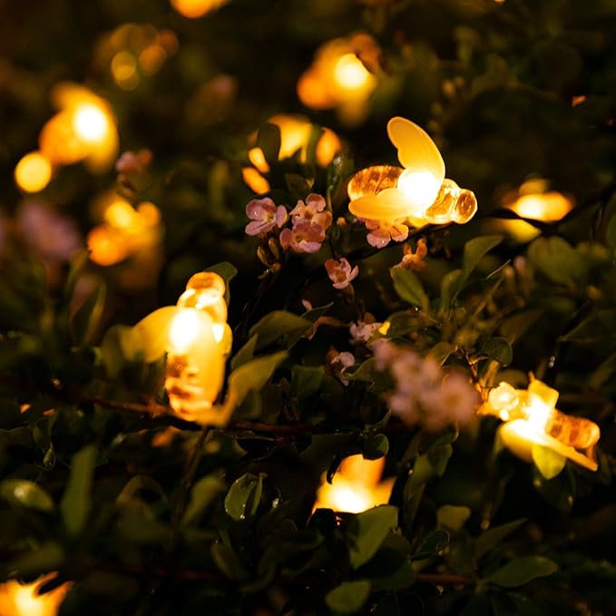 Brightown Solar Bee String Lights Outdoor 31FT 50 LED Honeybee Fairy Lights with 8 Lighting Modes, Waterproof Solar Bumble Bee for Patio Yard Garden Grass Wedding Christmas Party Decor, Warm White Brightown
