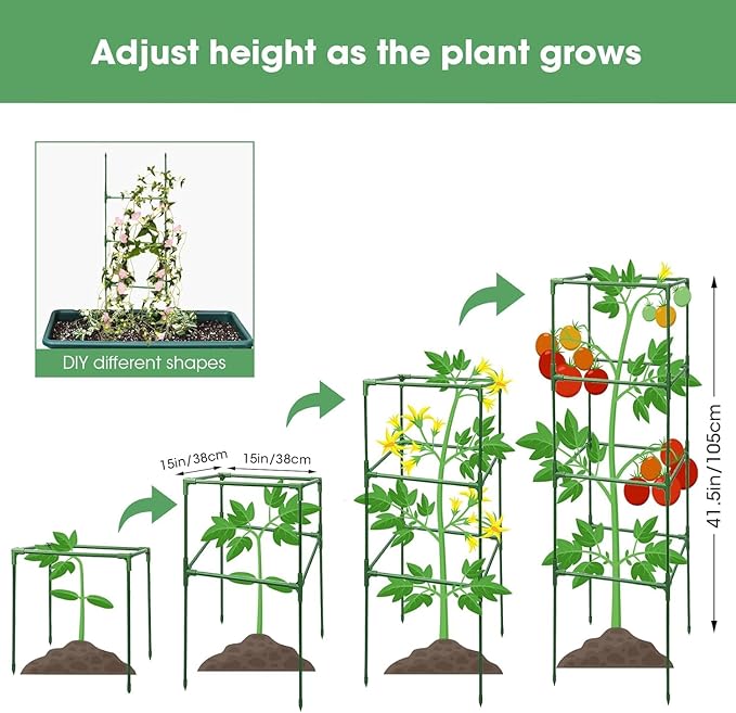 MQUPIN Tomato Cages,4 Packs Square Tomato Cage for Garden Plant Support,41 * 15 * 15in Heavy Duty Steel Plant Tower Stakes Trellis for Climbing Vegetables Flowers Fruits MQUPIN