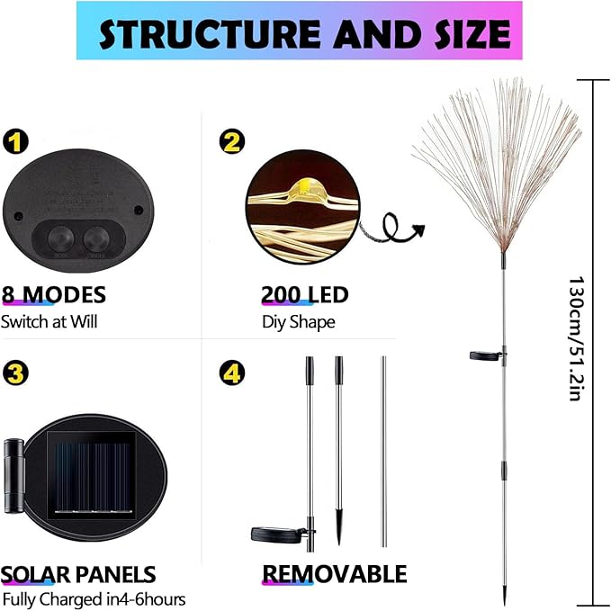 2 Pack Solar Firework Lights Outdoor - Verified 200 LED & 8 Modes - Starburst Solar Powered Garden Lights, Reinforced Durable Stakes, Waterproof Pathway Walkway Lights for Yard Patio Decor colcutee