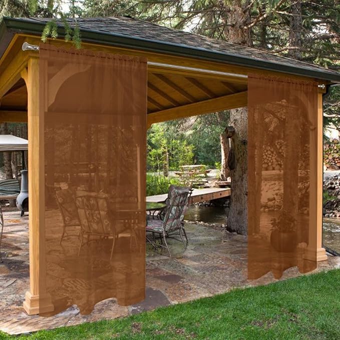 SpaceDresser Waterproof Outdoor Sheer Curtains for Patio - 2 Panels Rod Pocket Indoor Voile Sheer Curtain for Living Room,52W x 84L inch, Brown SpaceDresser