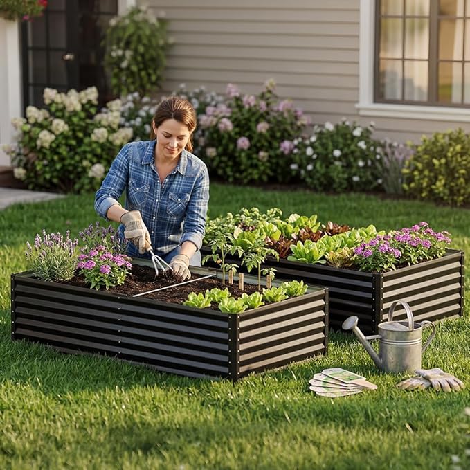 COMHOMA Galvanized Raised Garden Bed,Large Metal Planter Box for Outdoor Vegetables,Corrugated Steel Herbed Plants Container,Extra Deep Gardeners Kits with Open Bottom (2, 8x4x2FT) ComHoma
