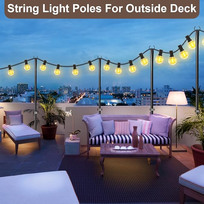 4 Pack String Light Poles for Outdoor,Metal Light Hanging Pole Outside with Fork,Light Stand for Patio, Pergola, Garden, Backyard, Yard, Camping Party (4 Pack) Rootora