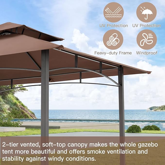 AECOJOY 8' x 5' Outdoor Grill Gazebo Canopy, BBQ Canopy for Outdoor Grill, 2- Tier BBQ Grill Gazebo Shelter for Patio, Backyard and More (Brown) AECOJOY