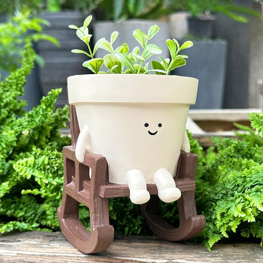 Smiley Face Planter Pot Small, Cute Resin Flower Head Planters for String of Pearls Plant Live Indoor Outdoor Unique Sit Rocking Chair Succulent Pots Gift Ideas for Family Friends with Drainage Hole Scuyari