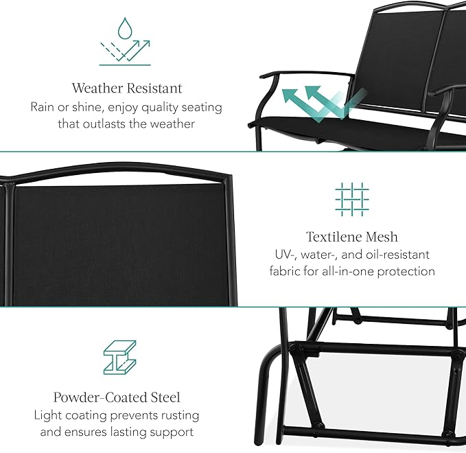 Best Choice Products 2-Person Outdoor Patio Swing Glider Steel Bench Loveseat Rocker for Deck, Porch w/Textilene Fabric, Steel Frame - Black BestChoiceProducts