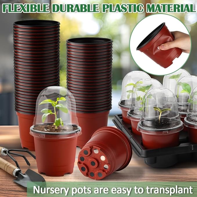 4 Inch 60 Pack Nursery Pots with Humidity Domes & 5 Pack 12 Cell Round Seedling Pot Carrying Trays, Sturdy Seeds Starter Pot Germination Set, Small Planter Nursery Propagation 5 Sets RooTrimmer