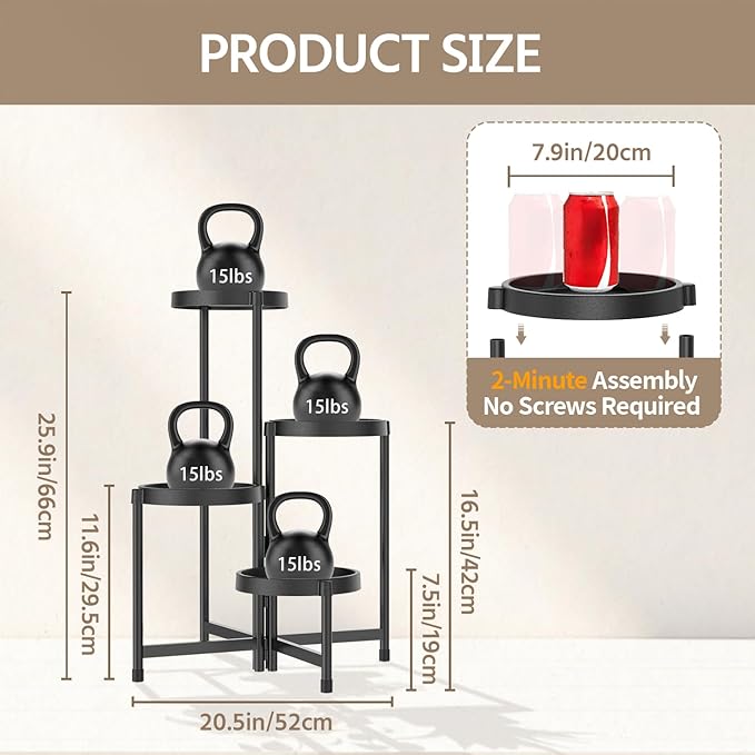 LASZOLA 4 Tiered Folding Plant Stand Indoor for Multiple Large Planter, Tall Heavy Duty Adjustable Rack with Rust Proof Plastic Shelving, Sturdy Vertical Tree Organizer for Narrow Inside Floor, Black LASZOLA