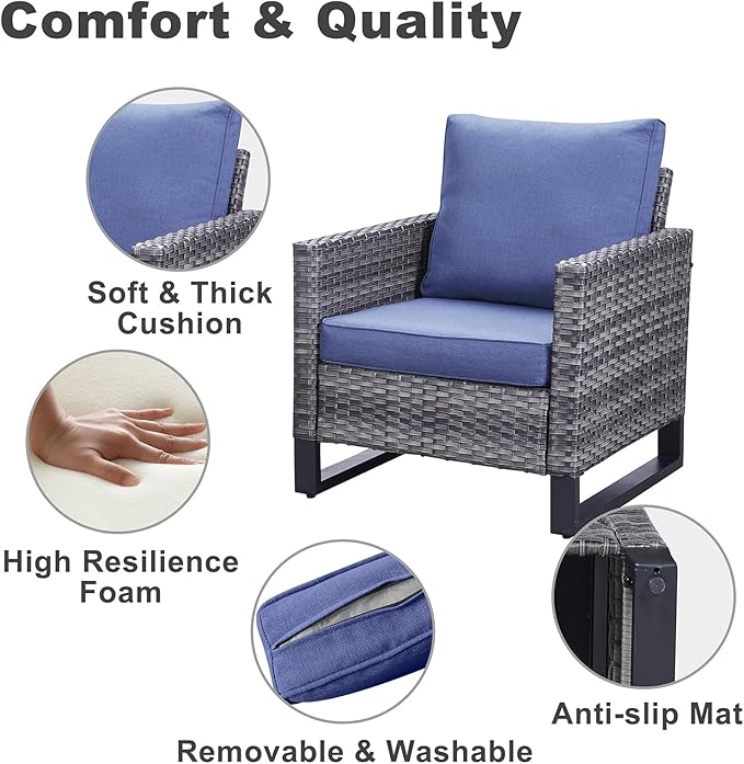 Belord 7 Piece Outdoor Furniture Patio Wicker Sofa Set, Oversize Outdoor Dining Chairs with Rattan Ottomans, Conversation Sets Patio Furniture Come with Removable Washable Cushion Blue Belord