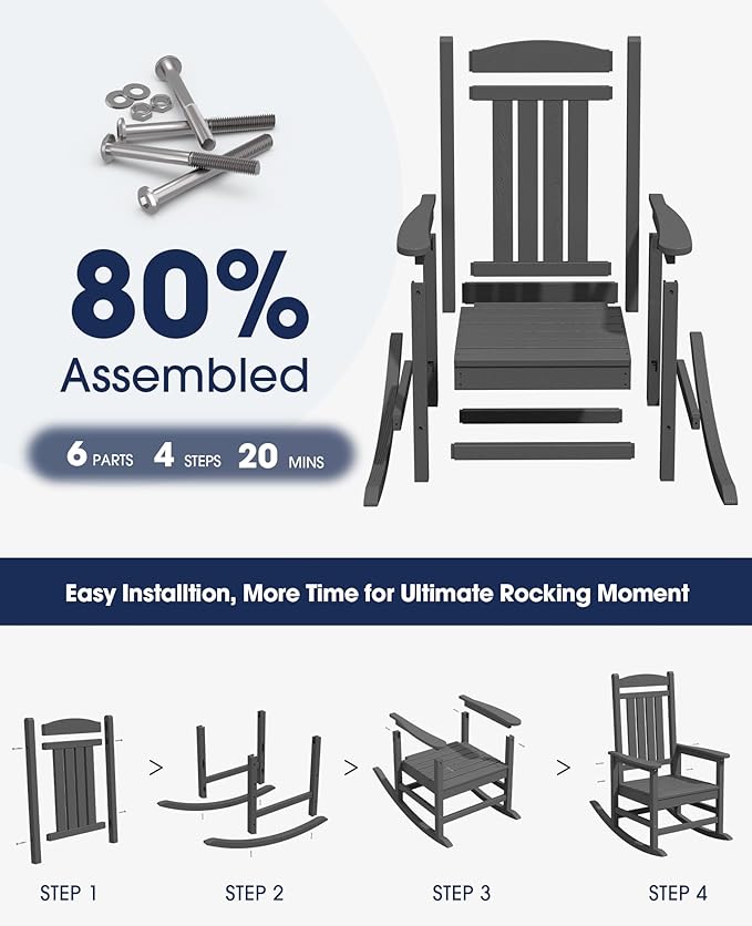 KINGYES Outdoor Rocking Chairs, HDPE All-Weather Patio Rocking Chairs High Back Porch Rocker for Adult, Gray KINGYES