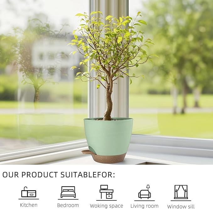 Plant Pots 8/7.5/7/6.5/6 Inch Self Watering Pots,5 Pack Planters with Drainage Holes and Saucers,Plastic Flower Pots,Nursery Planters for Indoor Outdoor Plants (Green) Rootora