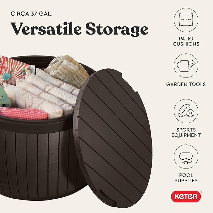 Keter Circa 37 Gallon Deck Box Organizer, Works as Ottoman Chair or Side Table, Brown – Large Resin Round Outdoor Storage and Seating for Garden, Pool, and Patio Keter