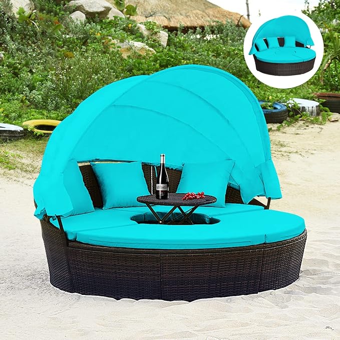 Tangkula Patio Round Daybed with Retractable Canopy, Outdoor Wicker Rattan Furniture Sets, Sectional Cushioned Sofa Set w/Height Adjustable Coffee Table, Rattan Conversation Sets (Turquoise) TANGKULA