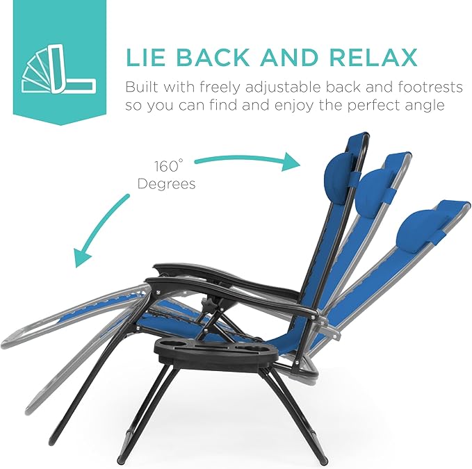 Best Choice Products Set of 2 Adjustable Steel Mesh Zero Gravity Lounge Chair Recliners w/Pillows and Cup Holder Trays - Marine Blue/Black BestChoiceProducts