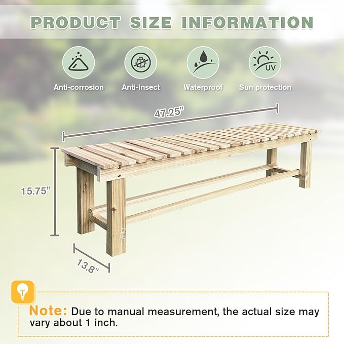 Outdoor Garden Bench, 3-Person Wood Patio Bench Weatherproof Outdoor Backless Bench, Anti-Corrosion and Anti-Rust Garden Benches for Garden Lawn Porch Park Backyard (Natural,47.25''/120cm) LSPYYDS
