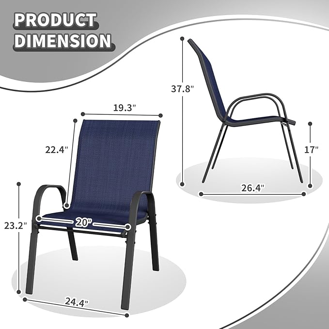 Patio Dining Chairs Set of 6, Outdoor High Stacking Chairs，Breathable Seat Fabric and Alloy Steel Frame for Backyard, Porch, Garden, Sunroom (Blue) VonzoyHome