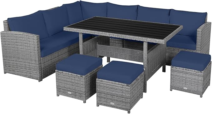 Tangkula 7 Pieces Patio Furniture Set, Outdoor Sectional Rattan Dining Sofa Set with Cushions, All Weather Wicker Conversation Couch Set with Dining Table & Ottomans for Yard Garden Poolside, Navy TANGKULA