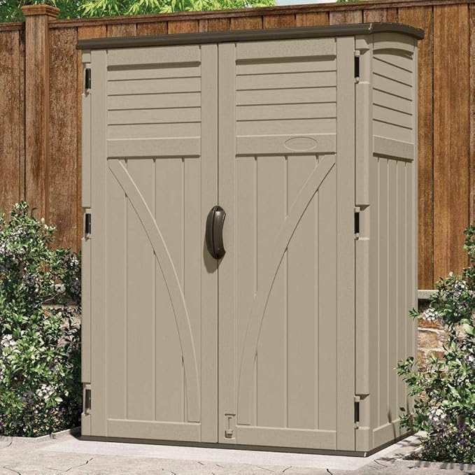 Suncast Outdoor Storage Shed, Water Resistant Resin Vertical Outdoor Storage Cabinet for Patio, Garden Tools, Cushions, & Equipment, Weatherproof Multi-Wall Design, 54 cu. ft., Made in USA Suncast