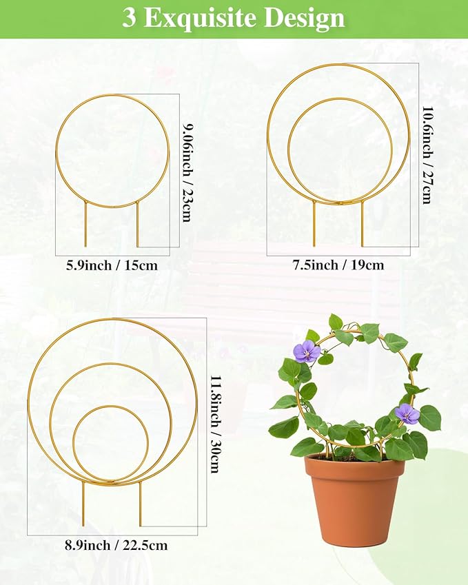 3 Pack Premium Round Plant Trellis Indoor, Small Metal Plant Support Stake for Climbing Plants, Different Sizes Gold Garden Trellis for Ivy and Flowers Outdoor Whtawtaw