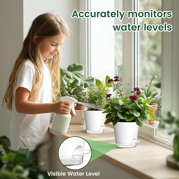 4 inch Self Watering Pots for Indoor Plants, 5 Pack Small Flower Plant Pots with Drainage Holes and Clear Reservoirs, Visible Water Level, Plastic Planters with Wicking Rope, White Meowell