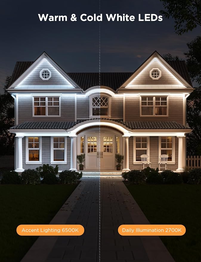 Govee Outdoor LED Strip Lights RGBIC with Warm and Cold White, 65.6ft 2.4G WiFi Smart Outdoor Lights, IP65 Waterproof, Work with Alexa and Google Assistant, App Control, for Porch, Patio, Eave, Party Govee