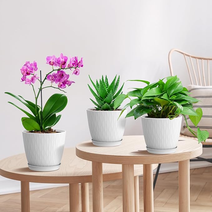 6 inch Flower Pots, 5 Pack Plant Pots with Drainage Holes and Saucers for Indoor Plants, Plastic Planters with Water Ripple for Small Garden House Plants, Nursery Pots for Succulent, White WSMKSZ