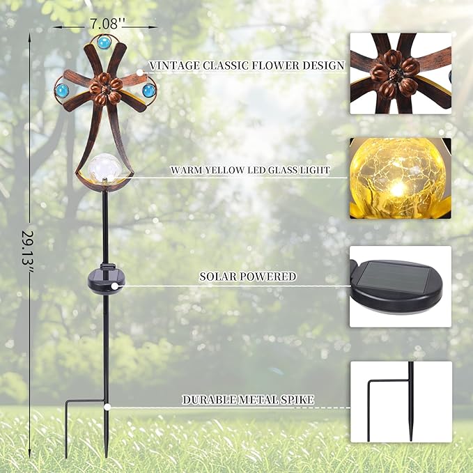 VCUTEKA Solar Garden Lights Cemetery Metal Flower Decor Colorful Solar Pathway Light with LED Cracked Crystal Ball Outdoor Decorative Stake for Patio Yard Lawn Garden Decor (Cross) VCUTEKA