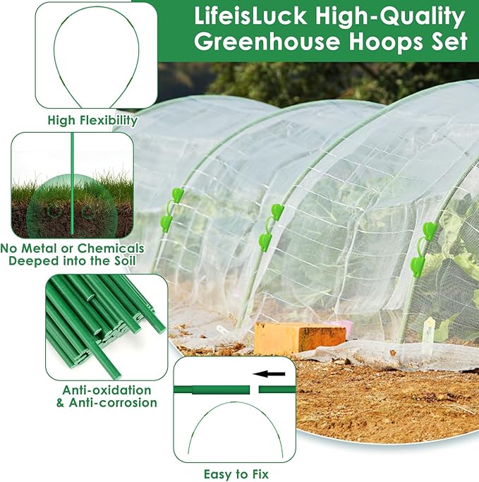9 Sets Greenhouse Hoops for Raised Beds,45 Pcs Garden Hoops Grow Tunnel Rust-Free Fiberglass Garden Stakes Hoops, Plant Support Hoop House Kit Frame for Shade Cloth Netting Row Cover Garden Supplies LifeisLuck