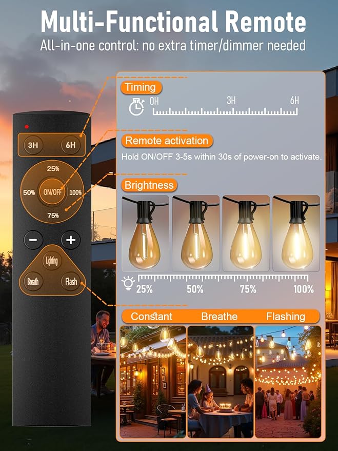 luckystyle 50FT LED Outdoor String Lights with Remote,16+1 Shatterproof Bulbs Waterproof and Dimmable Patio Lights for Porch, Garden, Backyard, Deck, Balcony, 2200K, Hanging Lighting luckystyle
