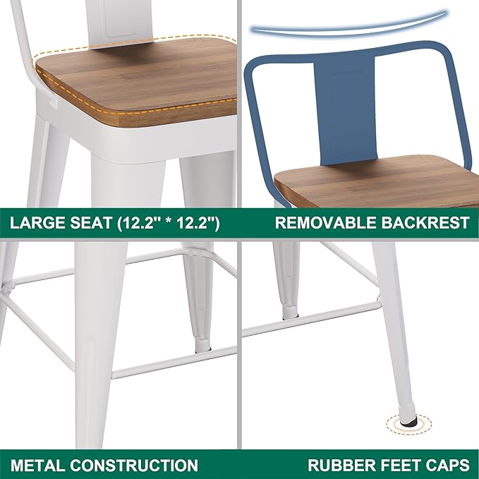 WENTMENT Metal Bar Stools Set of 2 Counter Height Barstools with Removable Back 26" Kitchen Bar Stools with Wooden Seat,Off White WENTMENT