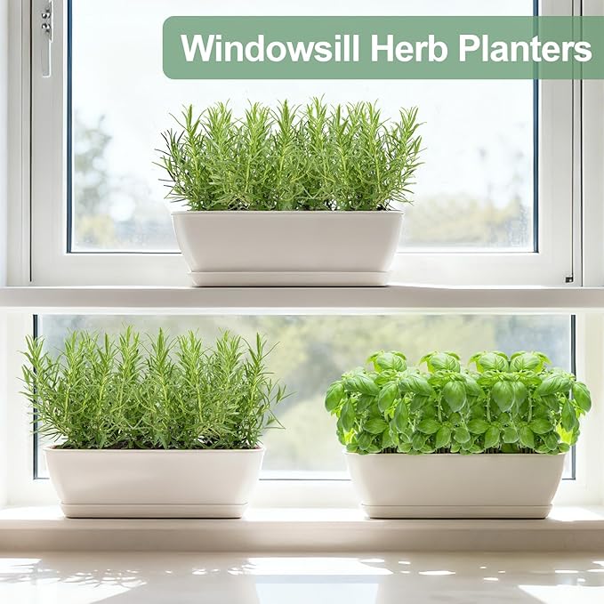 4-Piece White Rectangular Window Sill Planters with Drainage Holes and Trays (11 Inches) for Basil, Orchids, and Succulents Modern Herb Garden Planters Suitable for Indoor/Outdoor Plants Oliz