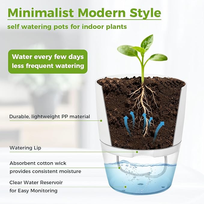 6 Pack Self Watering Pots for Indoor Plants, PlanterHoma 3.2/4/6 Inch Plant Pot Plastic Self Watering Planter for Orchid, African Violet, Small Clear Flower Pots with Drainage Holes and Wicking, White Planterhoma