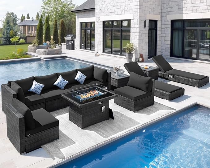 NICESOUL 11 Piece Patio Furniture with Fire Pit Natural Gas/Propane, 29.3'' High Back Outdoor Sectional with Firepit Table & Chaise Lounge, Deep Large Seating Sofa Couch, 2 Color Cushion Black & Gray NICESOUL