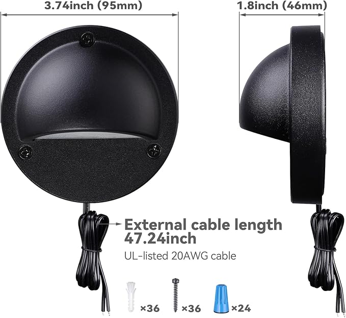 LEONLITE 12-Pack Update 5CCT LED Low Voltage Deck Lights, 180LM 3.74inch Landscape Step Railing Fence Light, 12-24V AC/DC, CRI90, Die-cast Aluminum Housing & Frosted Glass Lens, UL Cord, Black LEONLITE