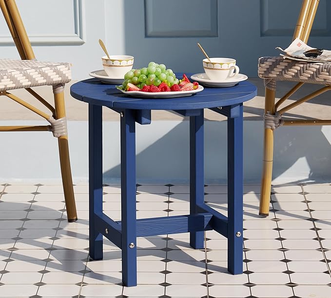 Y&M Outdoor Side Table, Waterproof Four-Legged Round Entryway End Table, Single-Tier HDPE Modern Small Coffee Nightstand for Bedroom, Living Room, Patio, Indoor or Outdoor Use, Navy Blue YM