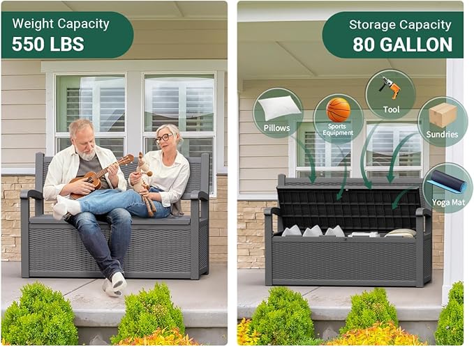 80 Gallon Outdoor Storage Box, Resin Patio Furniture with Armrest, Lockable Deck Box with Waterproof and UV Resistant for Patio Cushions, Garden Tools and Pool Supplies, Grey Rootora
