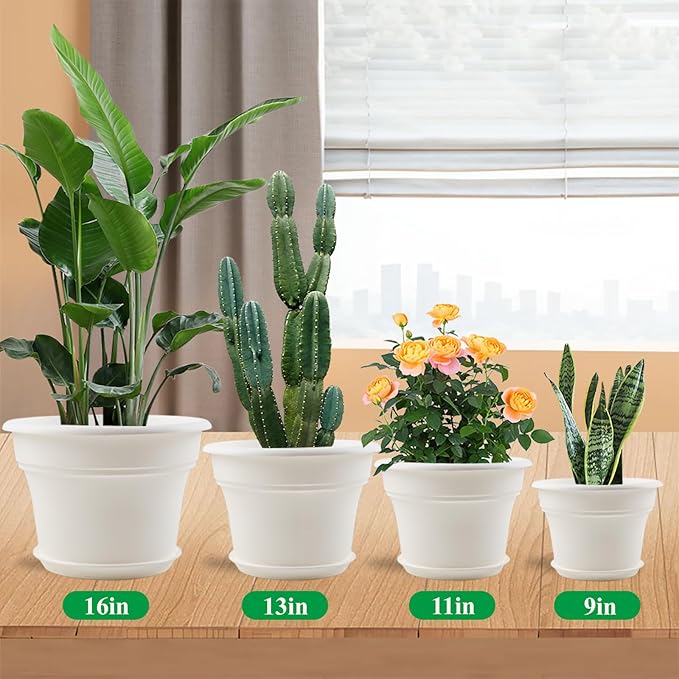 13 Inch Plastic-Flower-Pot-for-Indoor-Plants, 4 Pack Large Outdoor Planter Pot with Drainage Holes & Saucers, Resin Decorative Garden Pots Planters Pottiffe
