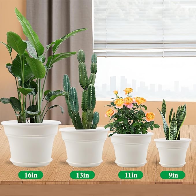 11 Inch Plastic-Flower-Pot-for-Indoor-Plants, 4 Pack Large Outdoor Planter Pot with Drainage Holes & Saucers, Resin Decorative Garden Pots Planters Pottiffe