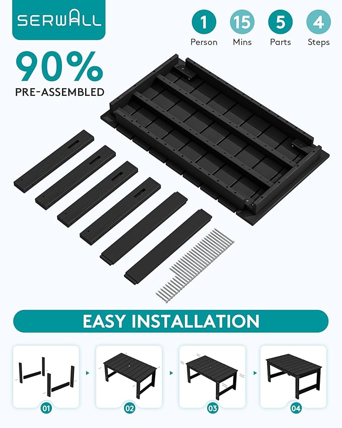 SERWALL Outdoor Coffee Table, HDPE Patio Coffee Table for Outside, Rectangle, Black SERWALL