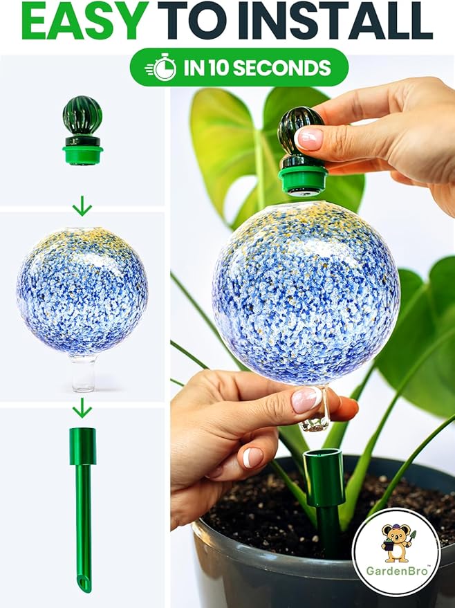 16 Oz Plant Watering Globes for Indoor Plants with Metal Self Watering Planter Insert - Premium XL Glass Hand-Blown Globe - Automatic Plant Waterer Indoor, Gift Idea for Gardener [1 Globe, Blue Gold] GARDENBRO