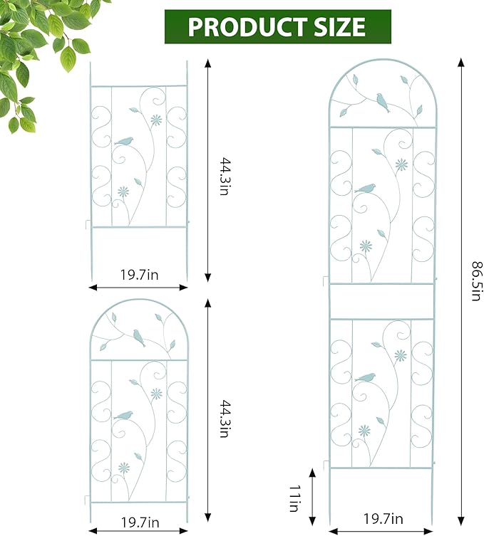 Metal Garden Trellis for Climbing Plants, 86.5" x 19.7" Metal Plant Trellis Outdoor, Green Iron Garden Trellis, Clematis Rrellis Outdoor, Arched Decoration Suitable for courtyards, lawns, Gard, Green FHWTY