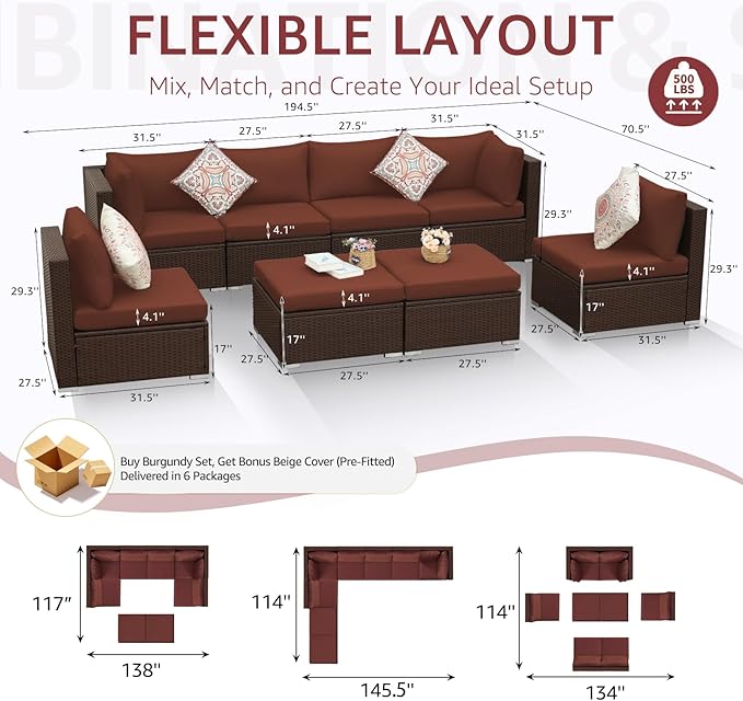 NICESOUL 29.3'' High Back Wicker Patio Furniture Set for 8 Person, Extra Big Outdoor Modular Sectional with Ottoman, Deep Seated Relax Conversation Sets for Backyard Deck, Brown and Red NICESOUL