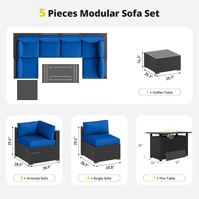 Aoxun Patio Furniture Set with Fire Pit Table, 8 Piece Outdoor Sectional Sofas, Wicker Rattan Outdoor Furniture with Thickened Cushion for Backyard, Garden Navy Blue Aoxun