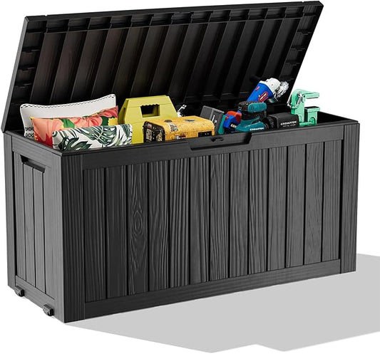 ROJIK Outdoor Storage Box with Wheels – 85 Gallon Mobile Waterproof Resin Deck Box, Lockable Storage for Patio Cushions, Garden Tools, Pool Accessories – UV-Resistant Storage Bench for Backyard & Deck ROJIK