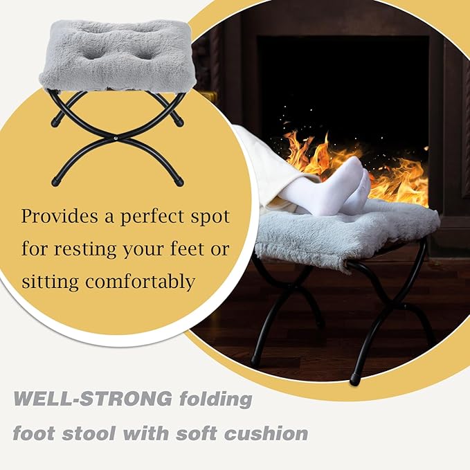 15" Foldable Foot Stool Ottoman with Metal Frame - Washable Faux Fur Grey Upholstered Indoor/Outdoor Footrest for Living Room, Bedroom, Patio - Space-Saving Compact Design WELL-STRONG